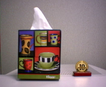 The actual coin, compared to a tissue box.